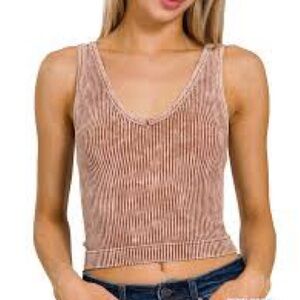 Zenana Washed Ribbed Cropped Tank Top With 2-Way Neckline size l/xl